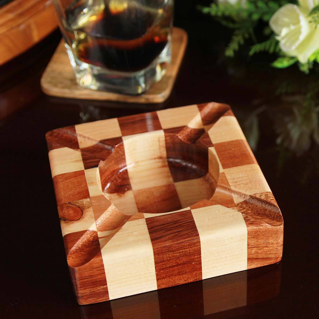 Walnut And Birch Chessboard Style Segmented Wood Ashtray. This Unique Ashtray Makes Good Gifts For Colleagues. Looking For Ashtrays For Smokers? These Custom Ashtrays Make The Best Personalized Gifts For Smokers. 