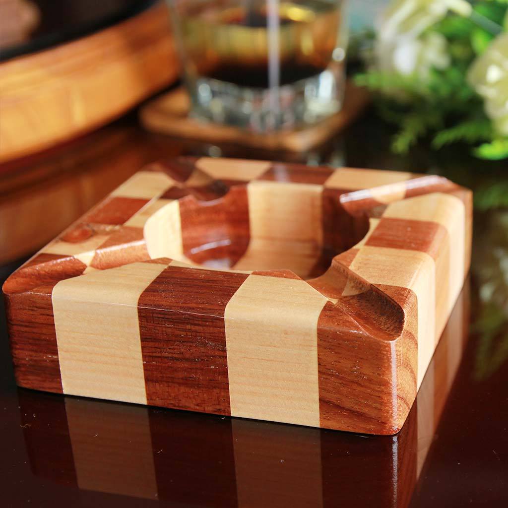 Walnut And Birch Chessboard Style Segmented Wood Ashtray. This Unique Ashtray Makes Good Gifts For Colleagues. Looking For Ashtrays For Smokers? These Custom Ashtrays Make The Best Personalized Gifts For Smokers. 