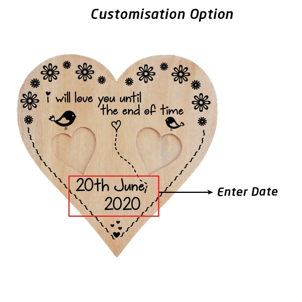 A Wooden Heart Shaped Ring Holder Engraved With Wedding Vow: I will love you until the end of time. This Personalised Ring Tray Is Engraved With Wedding Date or Engagement Date. This wedding ring holder is one of the best wedding gifts or engagement gifts for couples.