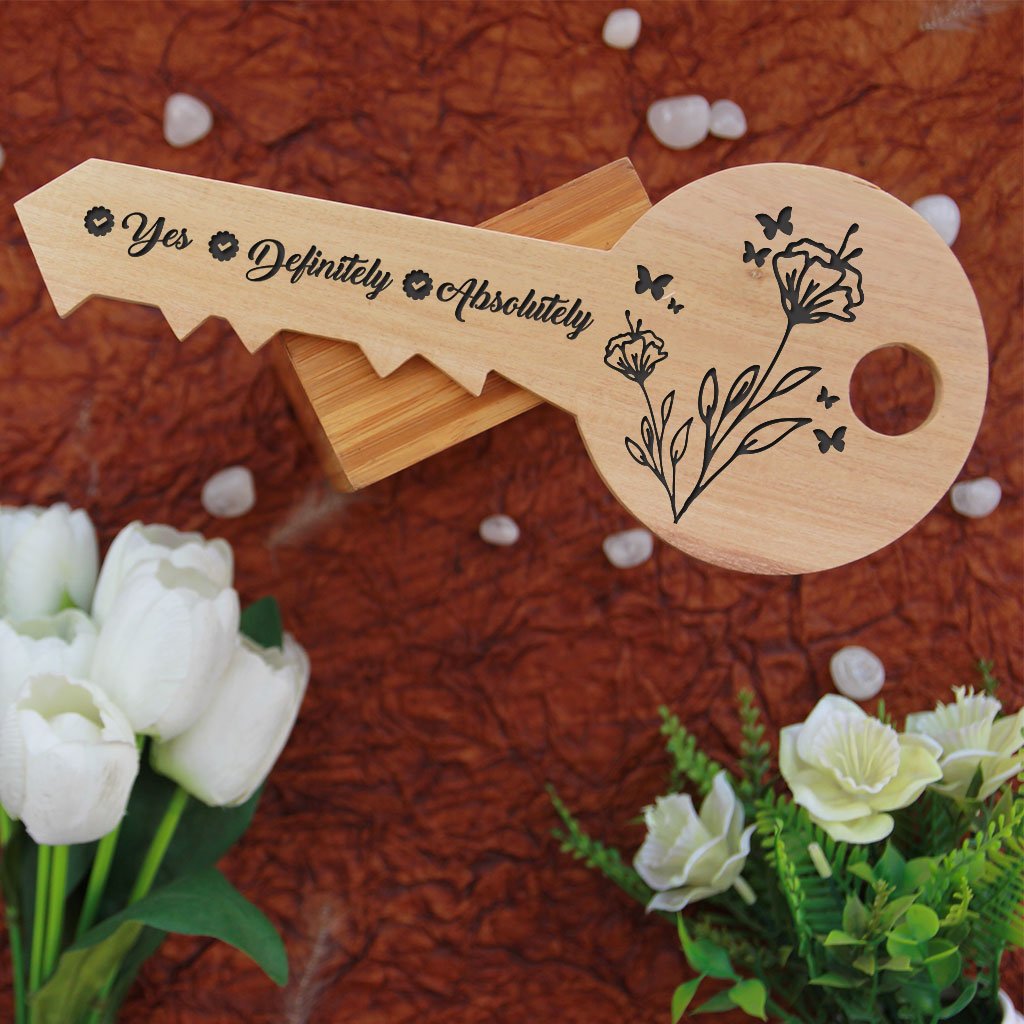 Will You Marry Me Wooden Proposal Sign With Answer Choices Engraved On The Back Of Key-Shaped Wooden Sign. Key-Shaped Wooden Signs Makes A Special Proposal Gift &amp; Proposal Idea. A Wood Engraved Photo On Personalised Wooden Plaque.