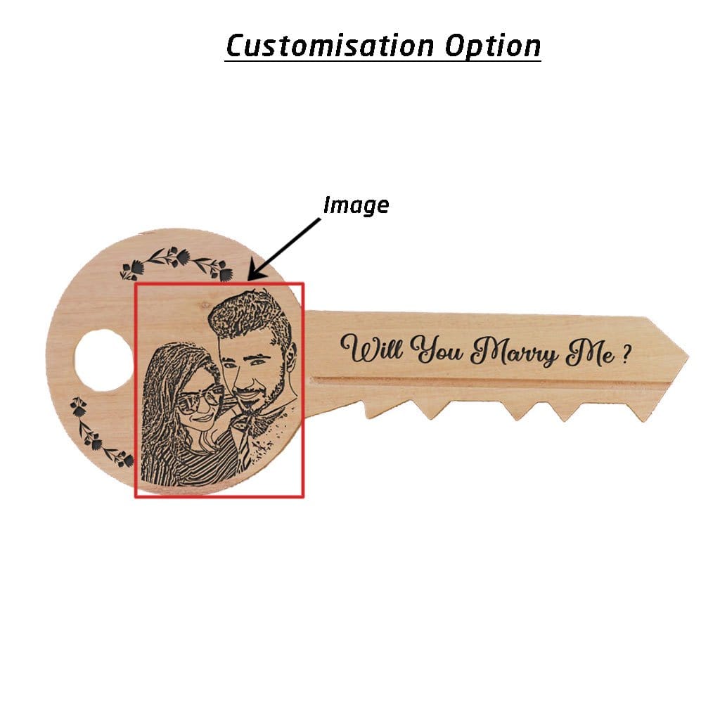 Custom Wood Signs In The Shape Of A Key With Front and Back Engraving. Personalised Wooden Plaques With Photo