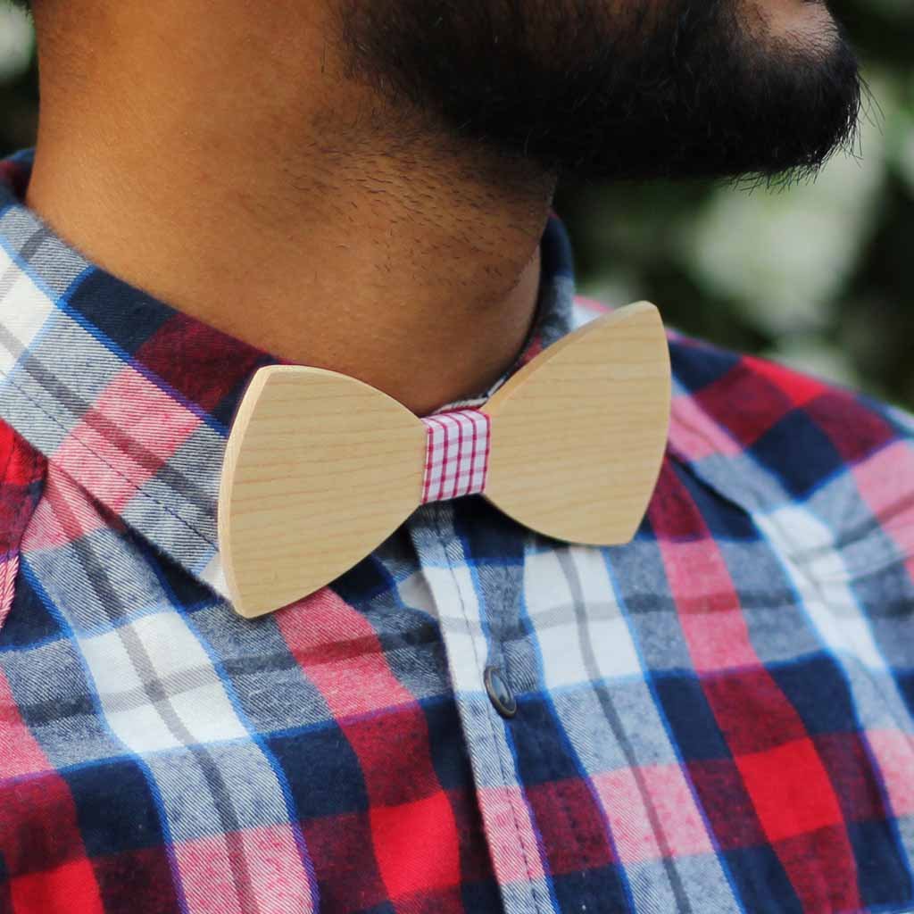 Bow Ties - The Sherpa - White Wooden Bow Tie - Red Plaid