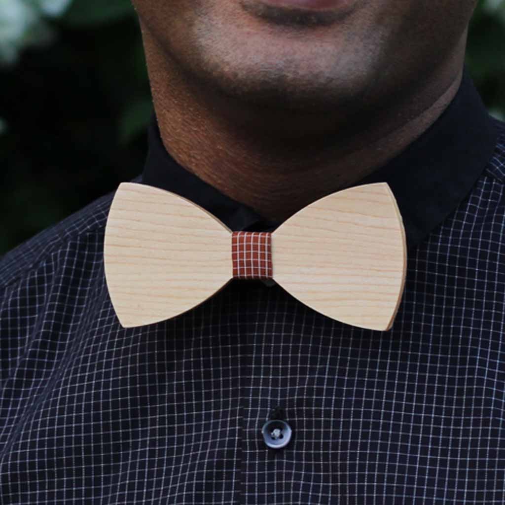 Bow Ties - The Sherpa - White Wooden Bow Tie - Brown plaid