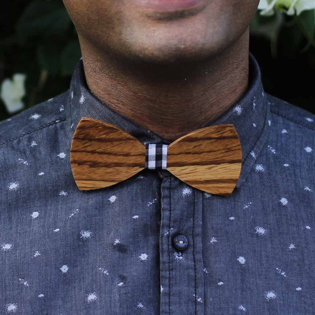 Bow Ties - The Sodhi - Brown Wooden Bow Tie - Gingham