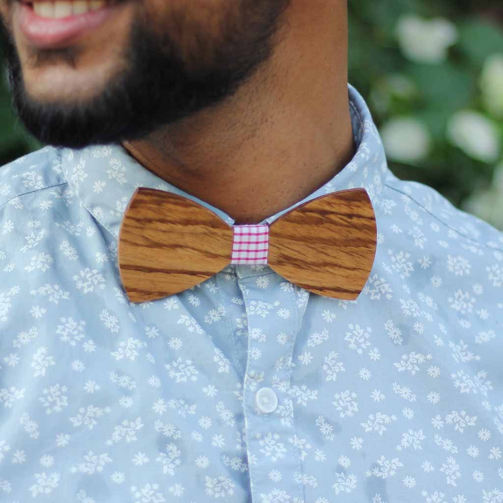 Bow Ties - The Sodhi - Brown Wooden Bow Tie - Blue paisley