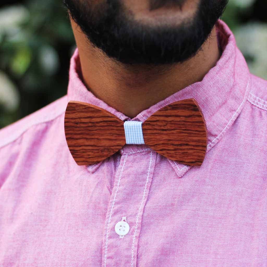 Bow Ties - The Riba - Red Wooden Bow Tie - Blue plaid