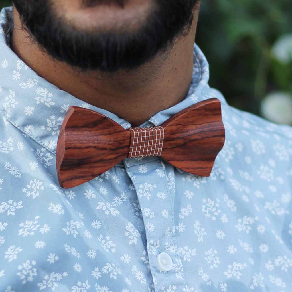 Bow Ties - The Mukherjee - Red Wooden Bow Tie - Brown plaid
