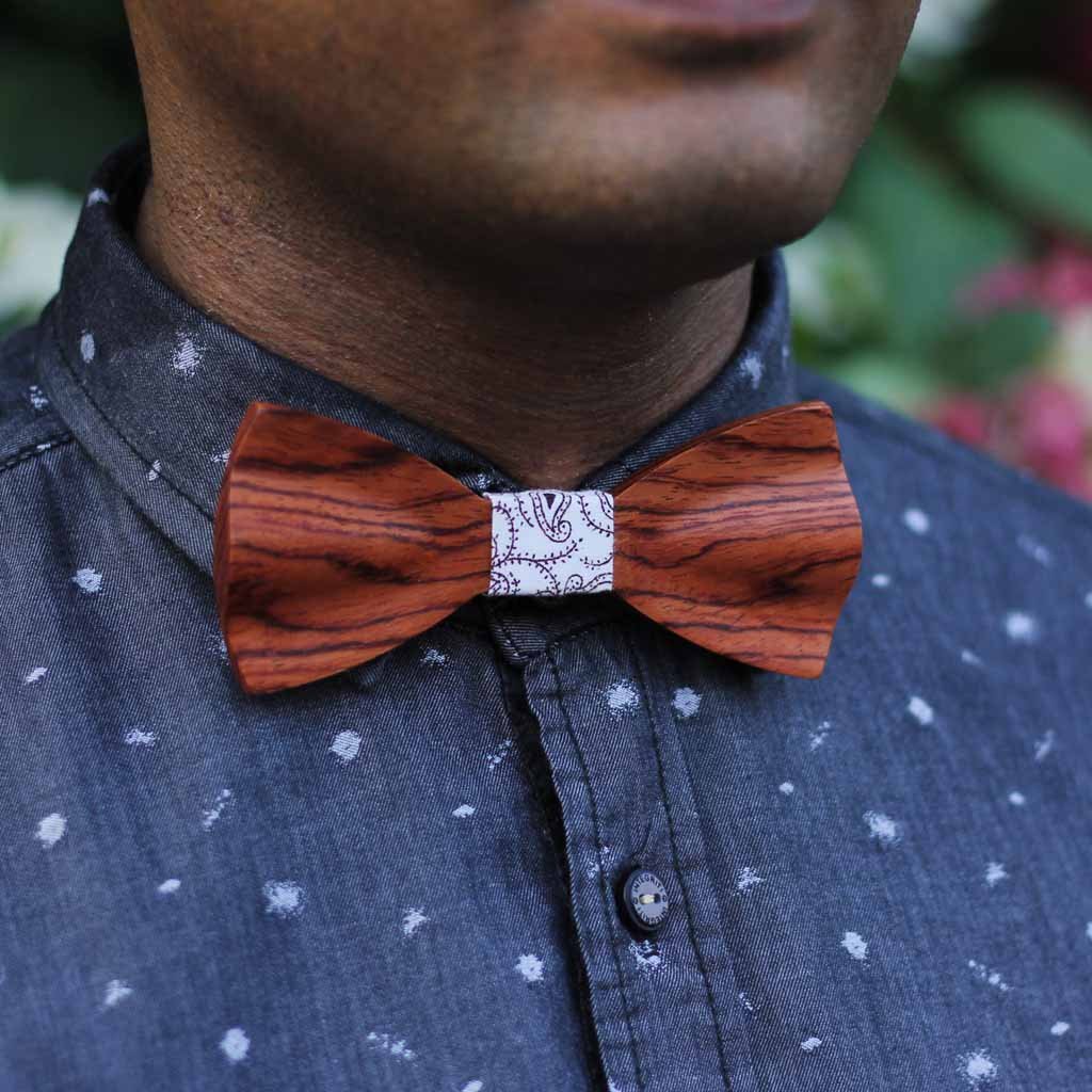 Bow Ties - The Mukherjee - Red Wooden Bow Tie - Brown paisley