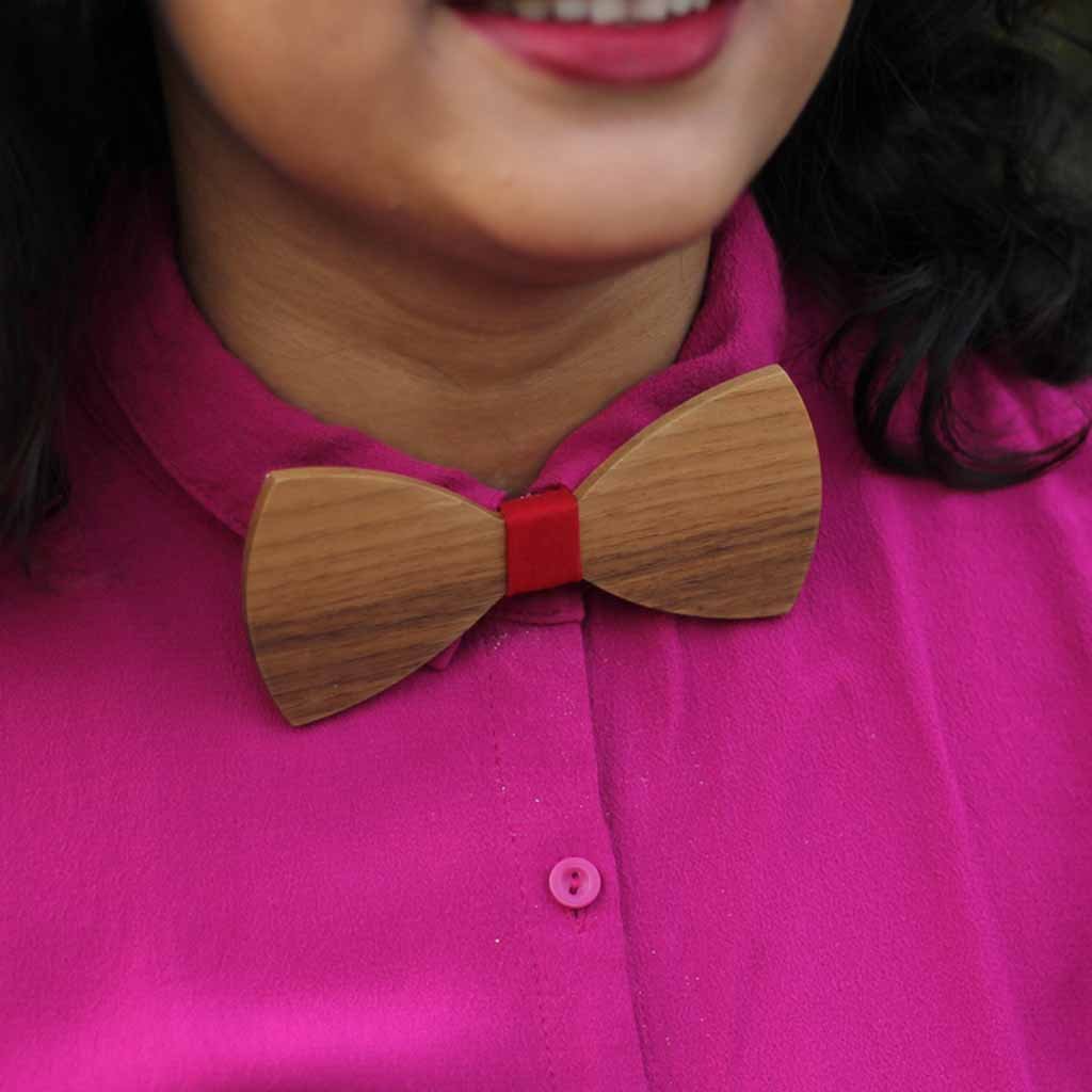 Bow Ties - The  Deshpande - Brown Wooden Bow Tie - solid red