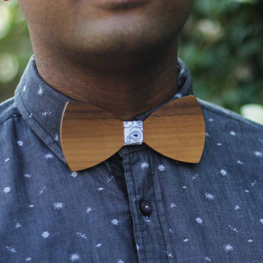 Bow Ties - The  Deshpande - Brown Wooden Bow Tie - Blue paisley