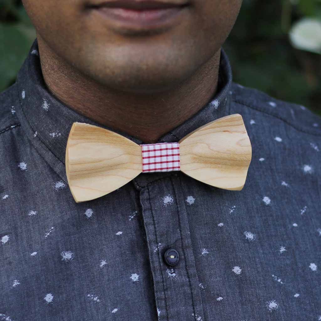 Bow Ties - The Shah - White Wooden Bow Tie - Red plaid