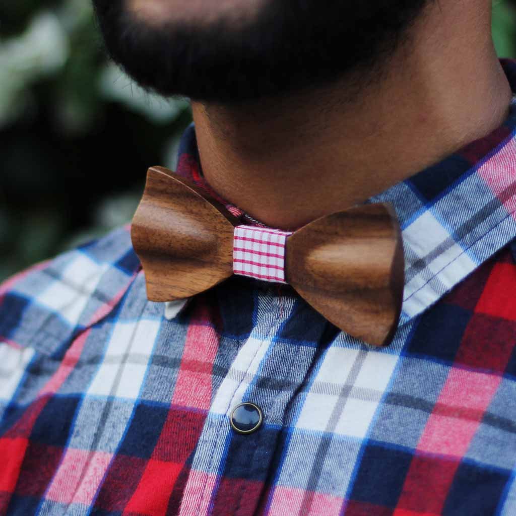 Bow Ties - The Iyengar - Brown Wooden Bow Tie - Red Plaid