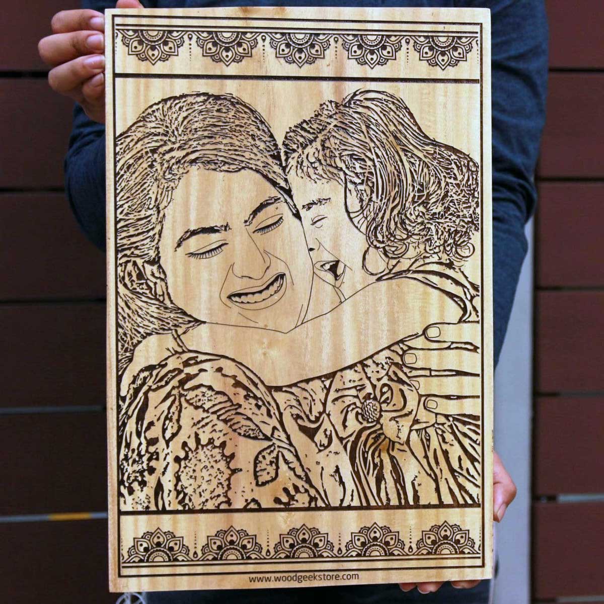 Wood Engraved Photo Of Mom & Child - Wooden Poster