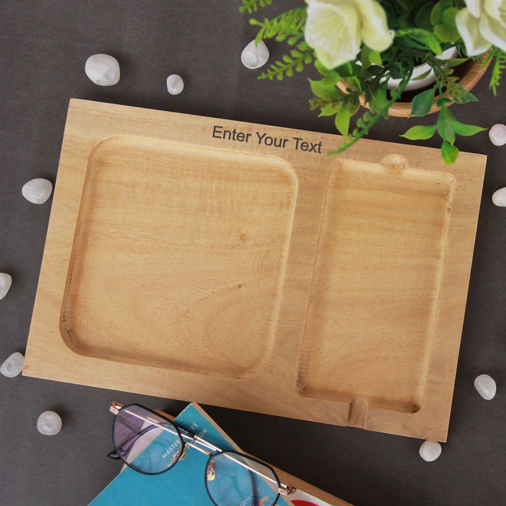 Wood valet tray with charging station &amp; phone tray. Mens Valet Tray &amp; Phone Tray. This Valet Tray Is The Best Gift For Men. EDC Vallet Tray Makes a Great Gift For Husband, Gift for Dad, Gift for Boyfriend Or Gift For Brother. This wooden tray can be personalized with name.