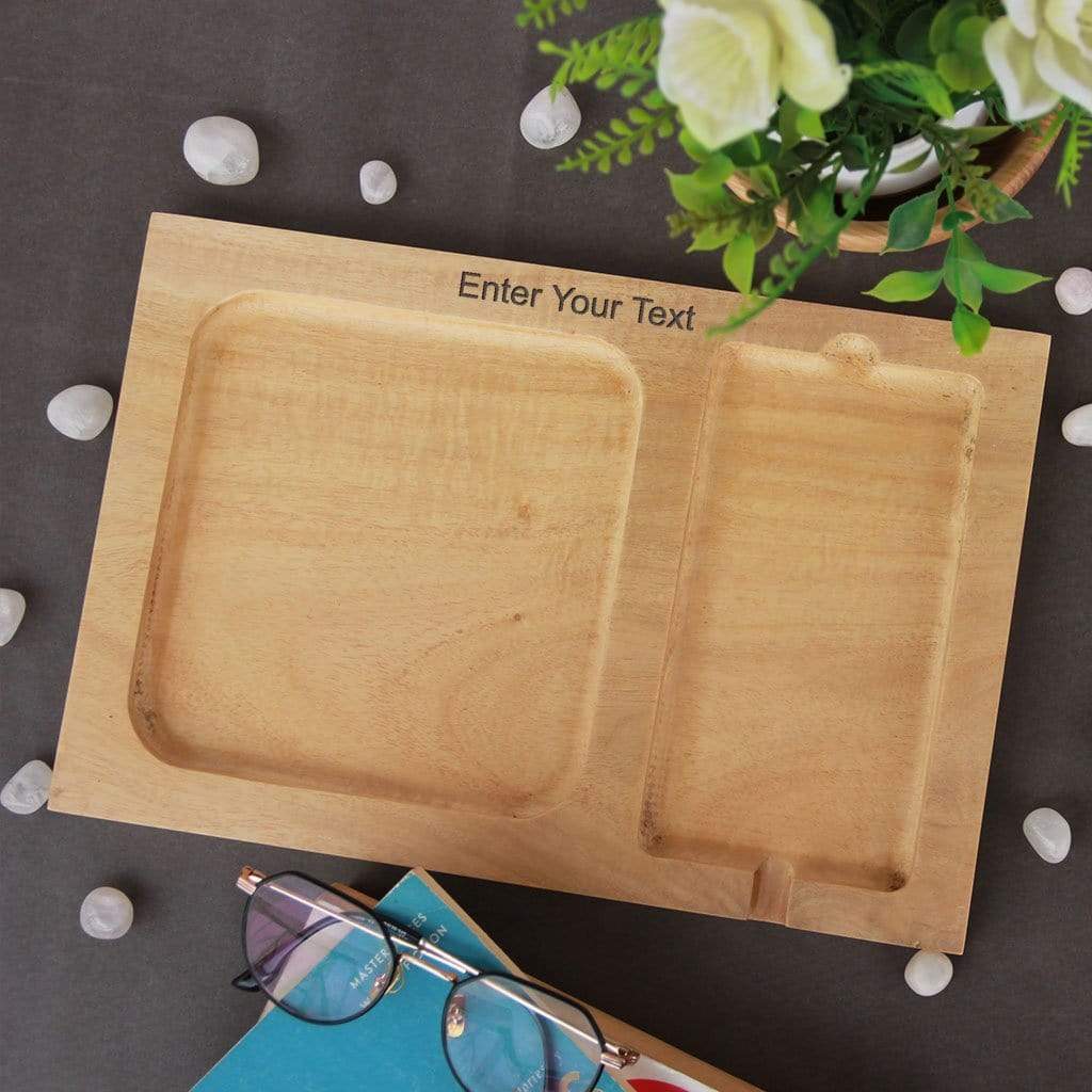 Wood valet tray with charging station &amp; phone tray. Mens Valet Tray &amp; Phone Tray. This Valet Tray Is The Best Gift For Men. EDC Vallet Tray Makes a Great Gift For Husband, Gift for Dad, Gift for Boyfriend Or Gift For Brother. This wooden tray can be personalized with name.