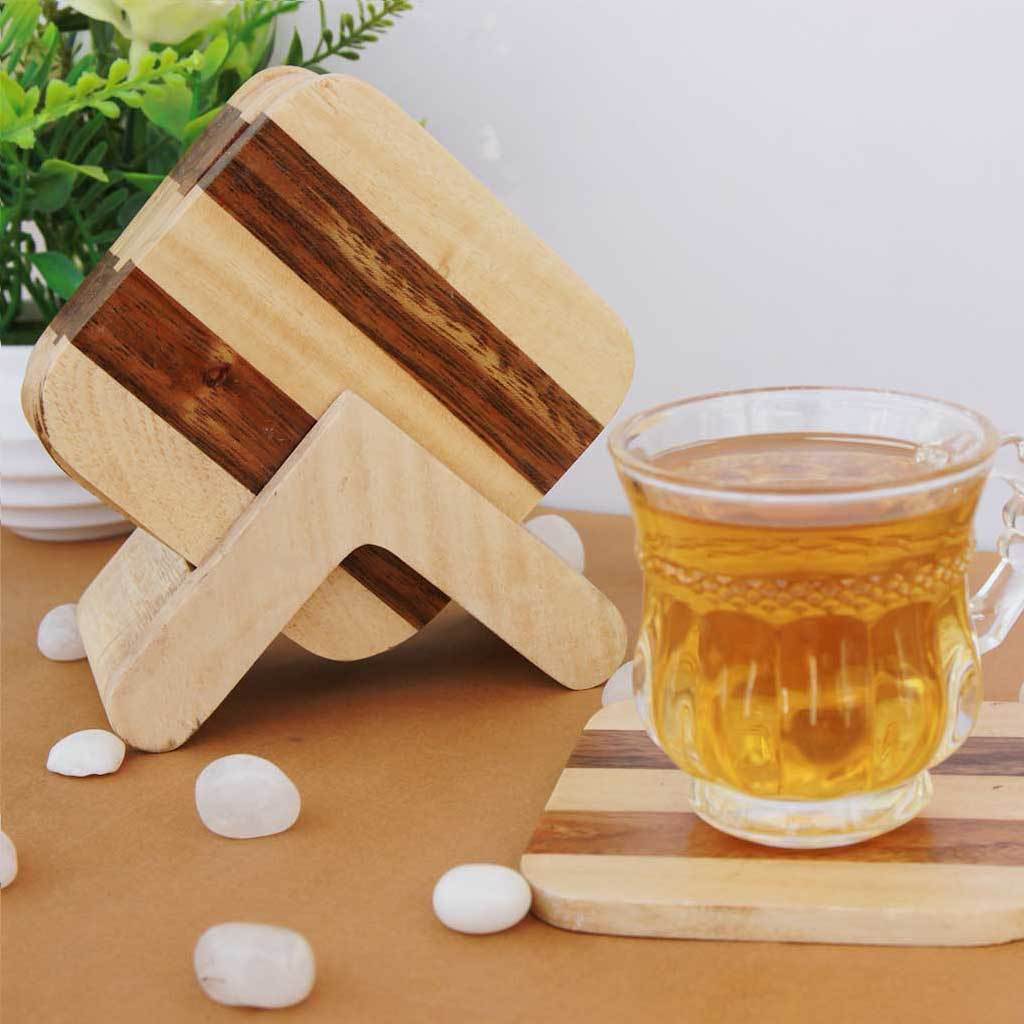 Striped Wooden Coaster Set With Holder