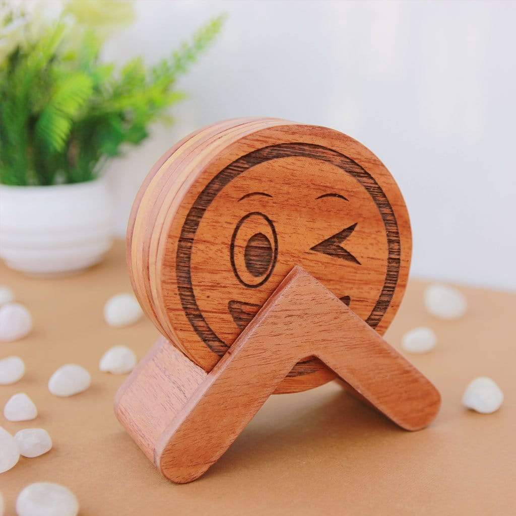 Emoji Coasters. Wooden Coasters With Wooden Coaster Holder. This Coaster Set is a great Home decor gift and housewarming gift.