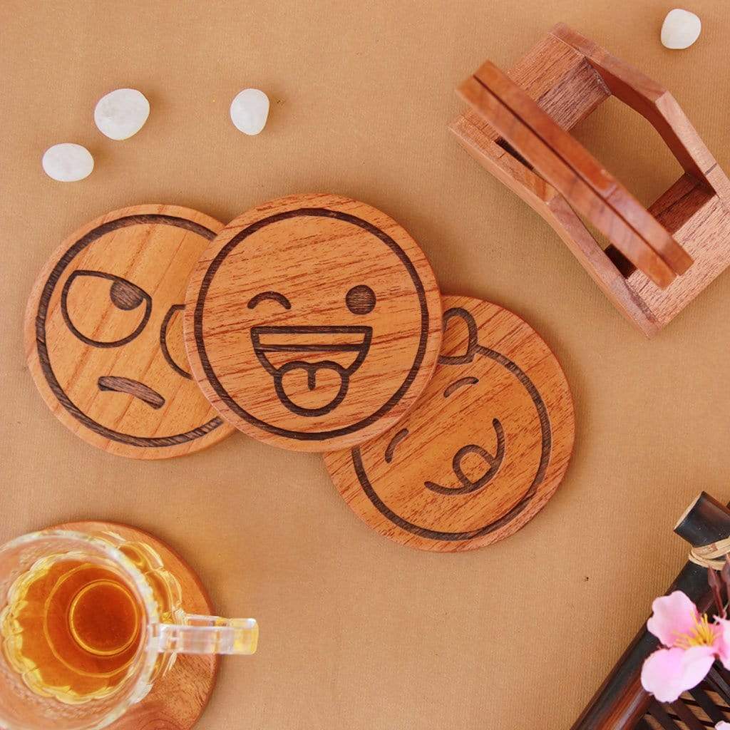 Emoji Coasters. Wooden Coasters With Wooden Coaster Holder. This Coaster Set is a great Home decor gift and housewarming gift.