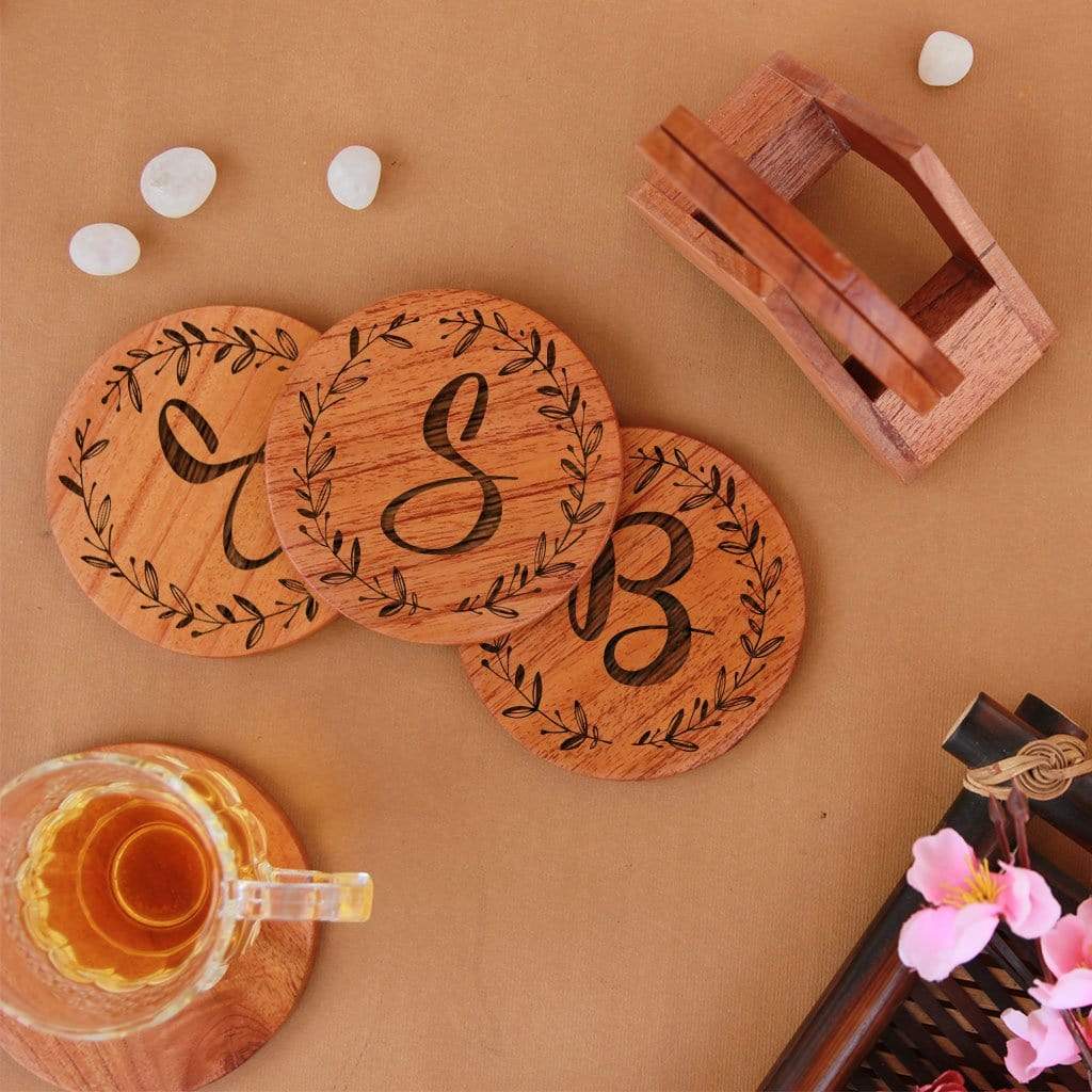 Initial Coasters: Monogram Coasters - Wooden Coaster Set With Holder