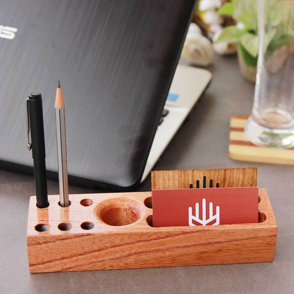 Wooden Table Organizer With Pen Stand &amp; Visiting Card Holder. Pen Holder For Desk &amp; Desk Organizer. Wooden Pen Organizer For Desk Makes Great Office Desk Accessories. These Office Accessories Are Great Gifts For Employees and Colleagues.