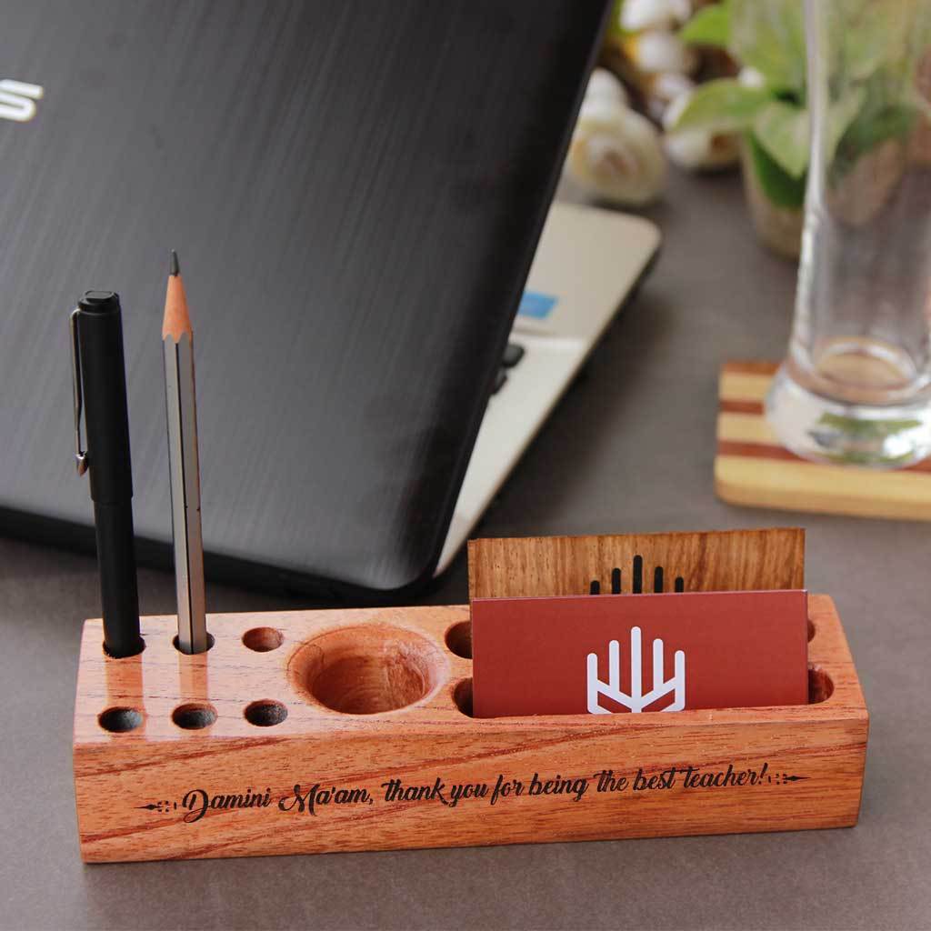 Wooden Table Organizer With Pen Stand & Visiting Card Holder For Teacher