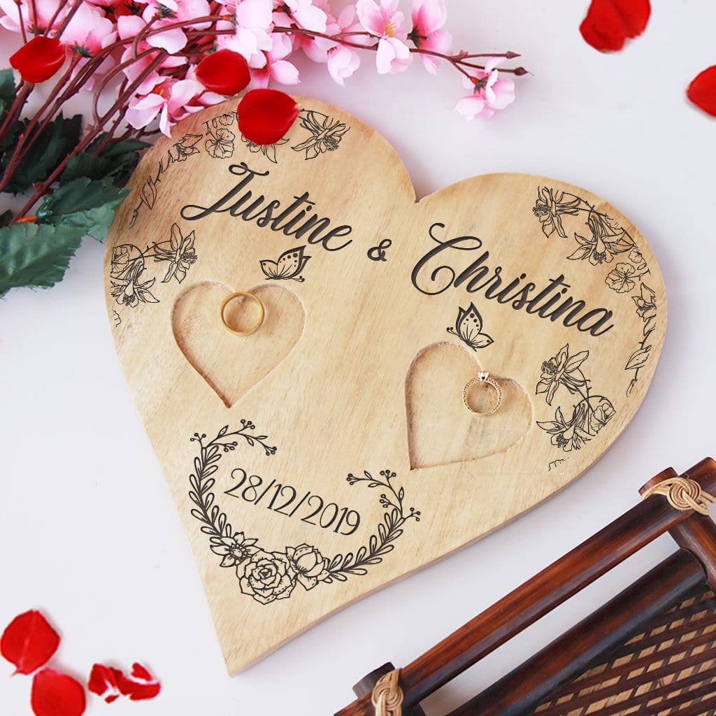 Personalised Ring Holder. Wooden Heart Shaped Ring Holder Engraved With Names & Date. Wedding Ring Holder & Engagement Ring Platter. This Best Engagement Ring Tray Is One Of the Best Wedding Gifts Or Engagement Gifts