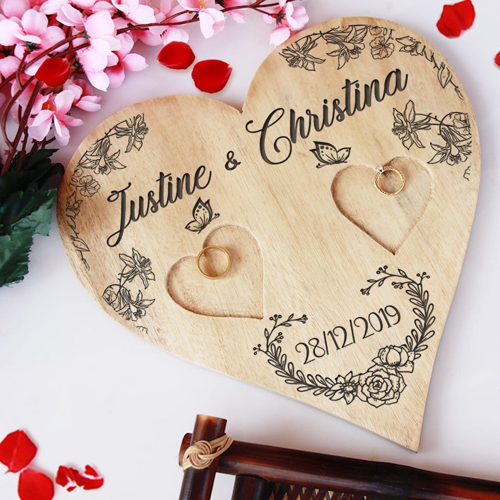 Personalised Ring Holder. Wooden Heart Shaped Ring Holder Engraved With Names & Date. Wedding Ring Holder & Engagement Ring Platter. This Best Engagement Ring Tray Is One Of the Best Wedding Gifts Or Engagement Gifts