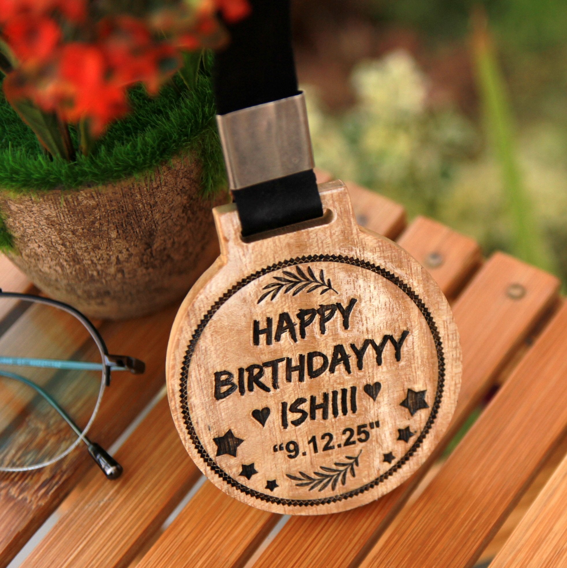 Custom Medal Engraved With Happy Birthday. This is the best birthday gifts for wife and birthday gift for girlfriend. These wooden medals make unique birthday gifts for her and birthday gifts for women.