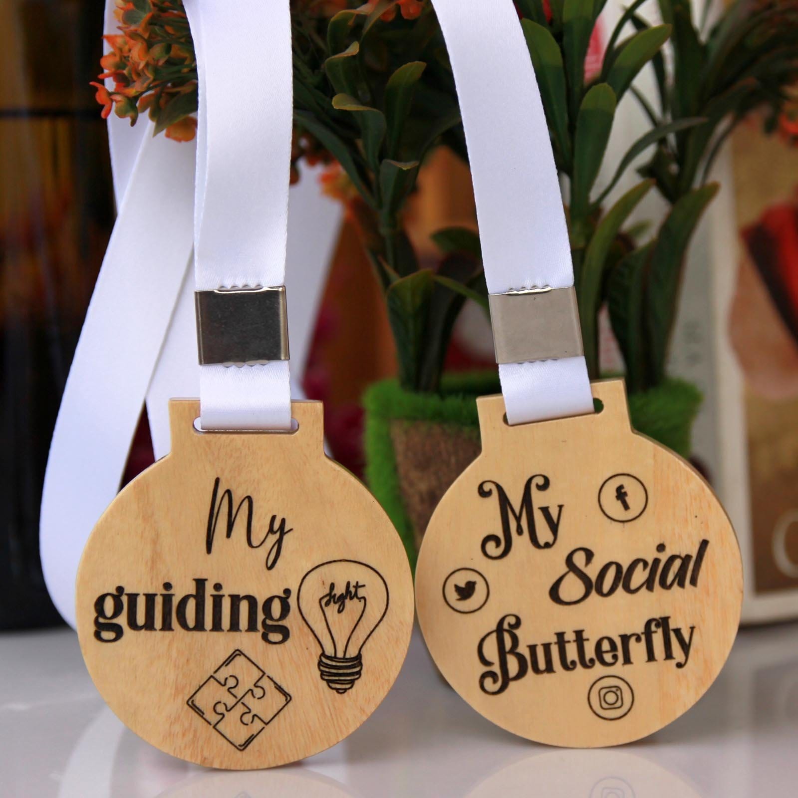 My Guiding Light & My Social Butterfly Wooden Medals. Affordable Gifts For Friends. Best Friendship Day Gifts.