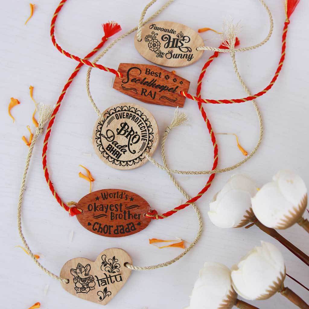 Set of 5 Wooden Rakhis &amp; Wooden Greeting Cards. Personalised Rakhis and Raksha Bandhan Greetings Engraved on Rakhi Card. Buy Rakhi Online &amp; Send Rakhi Online With Woodgeek Store