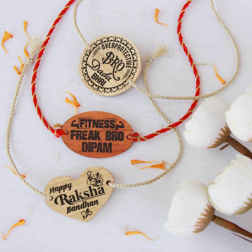 Set of 3 Wooden Rakhis & Wooden Greeting Cards. Personalised Rakhis and Raksha Bandhan Greetings Engraved on Rakhi Card. Buy Rakhi Online & Send Rakhi Online With Woodgeek Store