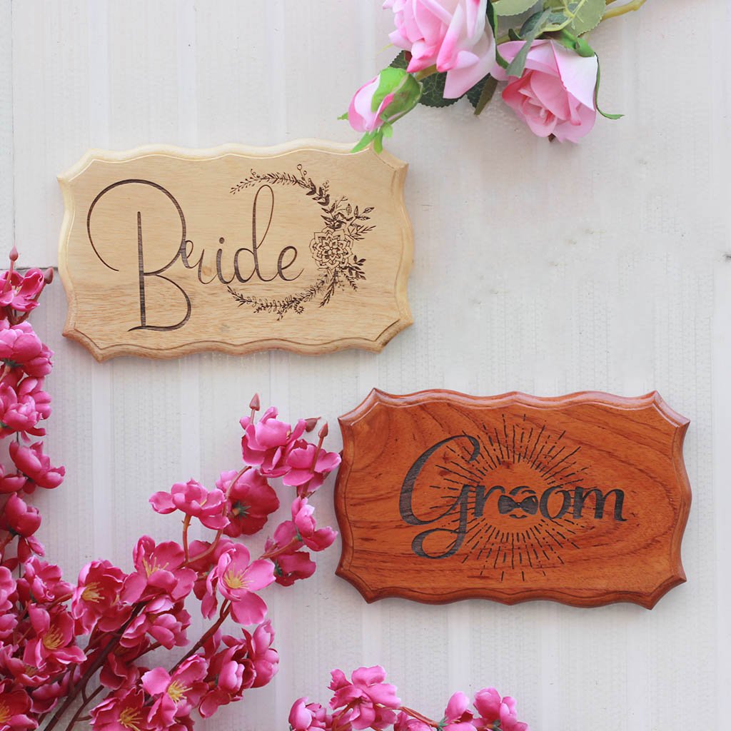 Bride & Groom Wooden Wedding Sign - Rustic Wood Signs & Plaques by Woodgeek Store