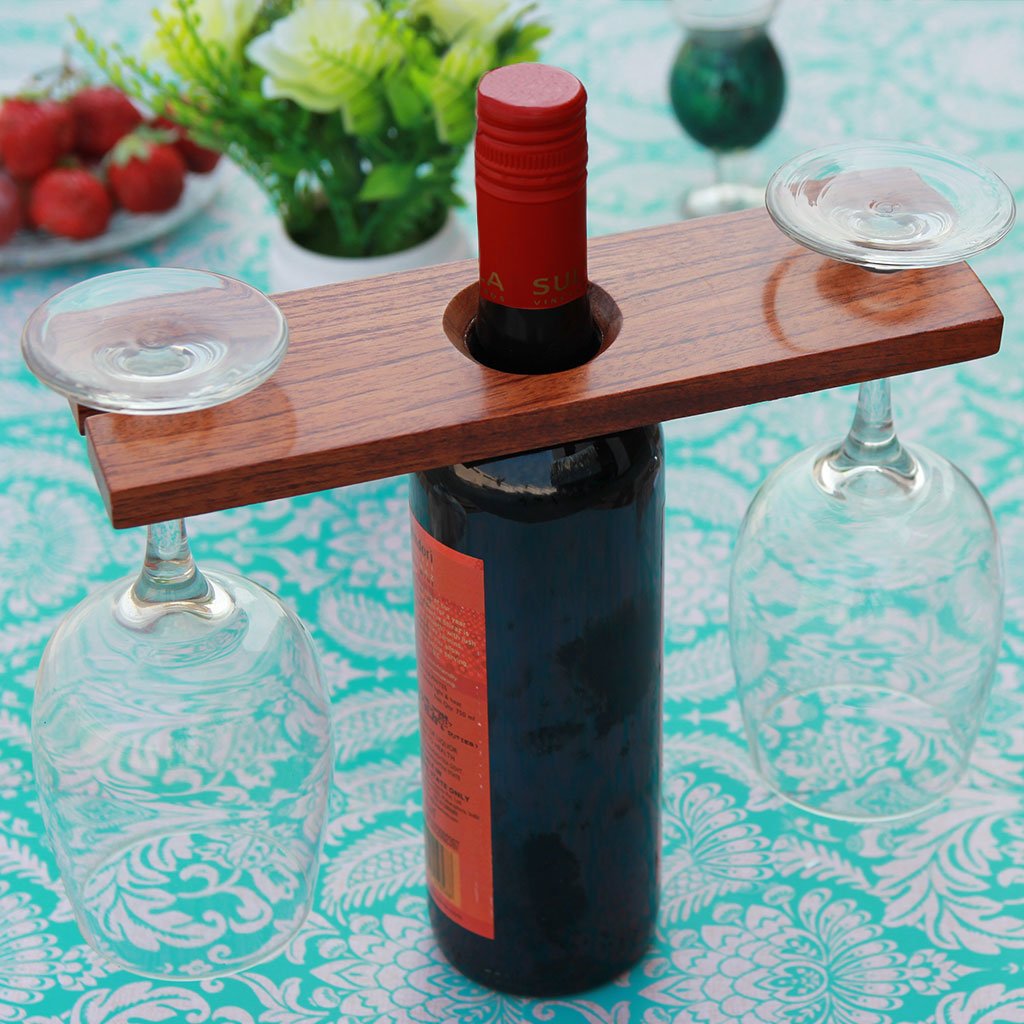 Wooden Wine Bottle & Glass Holder, Portable Wine Caddy