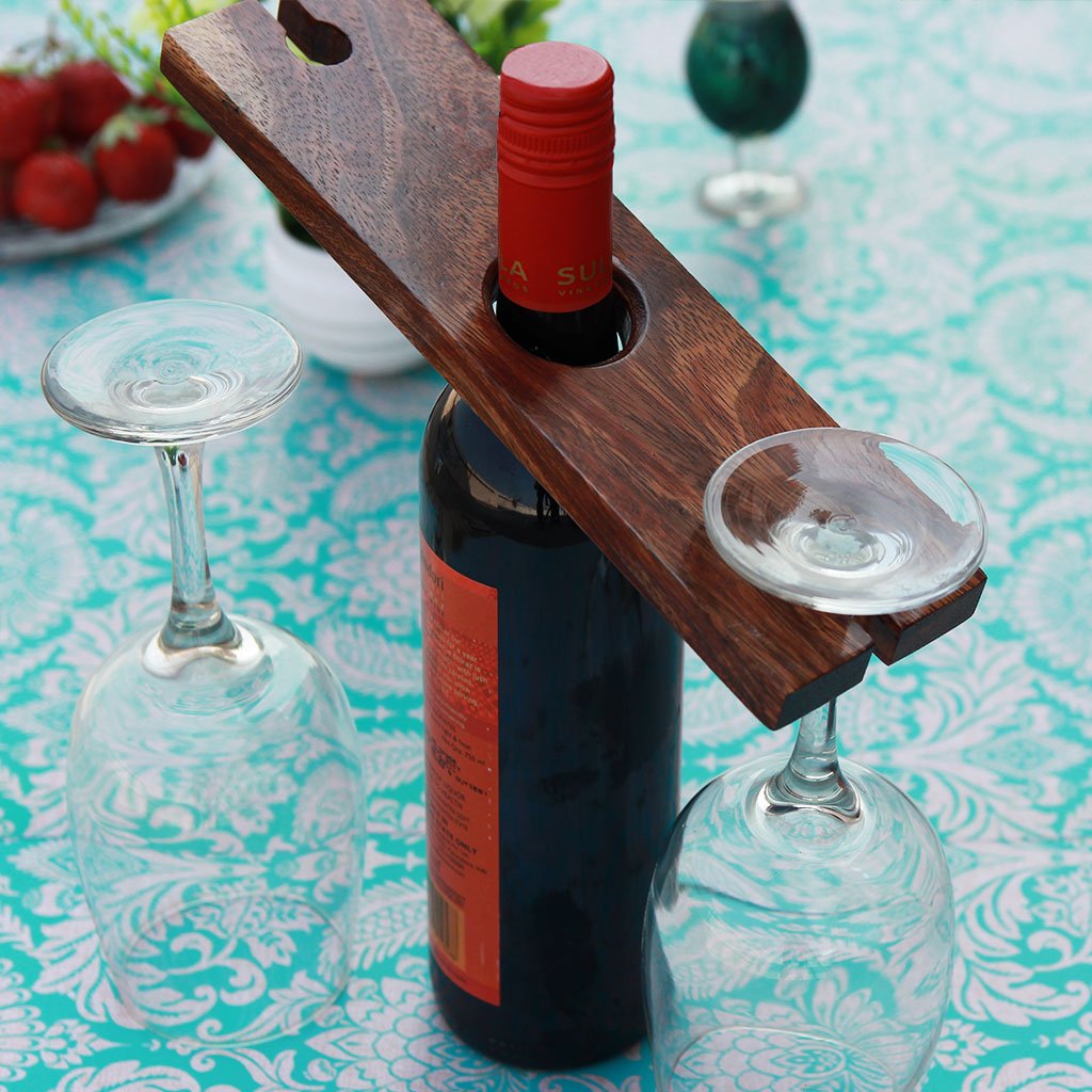 GoCraft Handmade Antique Wood Wine Caddy - Holds 1 Bottle & 2 Glasses - Rustic Bar Decor