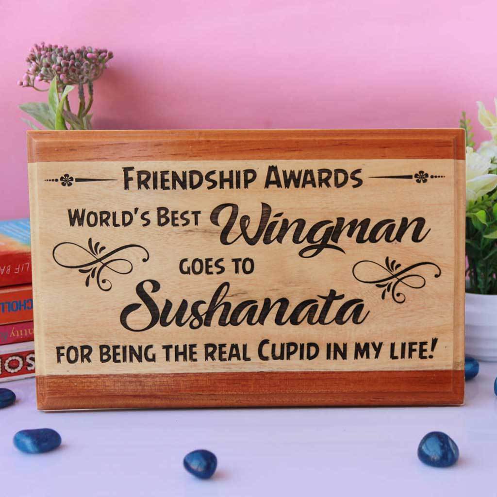 World's Best Wingman Friendship Award Wooden Plaque. This Personalized Trophy and Award Plaque Makes Cool Gift Ideas for Friendship Day.
