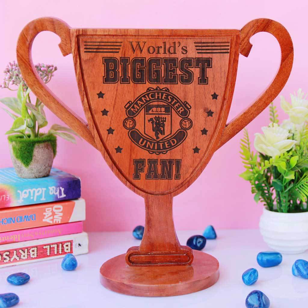 World's Biggest Fan Wooden Sports Trophies. Sports gifts for the biggest sports fans. This custom football trophy makes perfect sports gifts for friends.