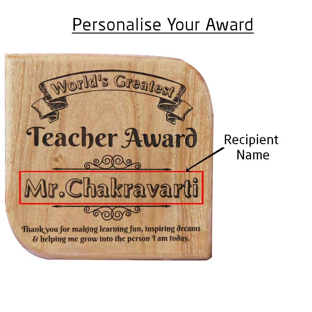 World&#39;s Greatest Teacher Award Wooden Plaque. These Personalized Trophies make great Teacher Appreciation Gifts. This is a cool Teacher&#39;s Day Gift for your Favourite Teacher.