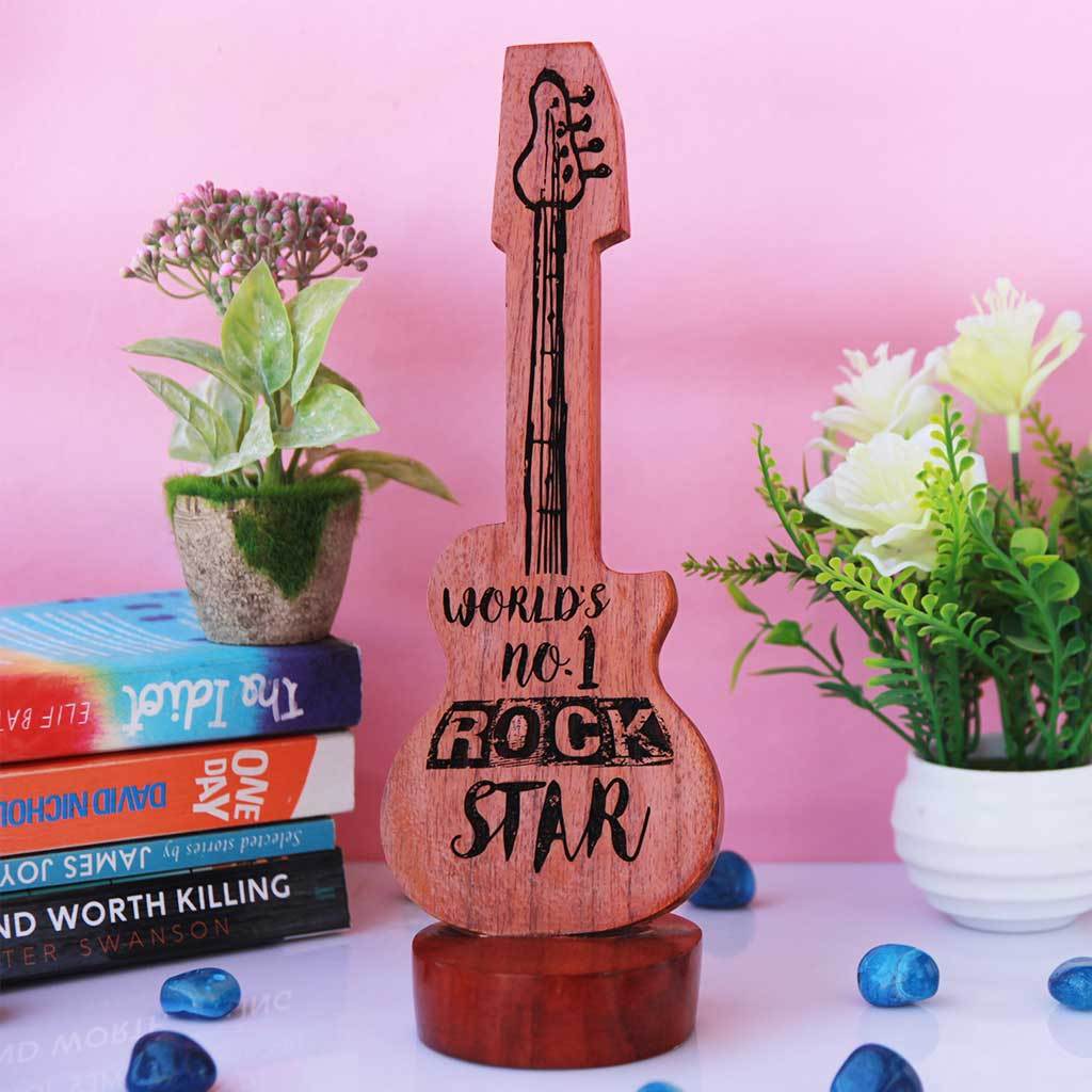 World's No. 1 Rockstar Award & Trophy.  These Custom Trophies Come In The Shape Of A Guitar. This makes Unique Gifts For Musicians. Best Gift For Music Lover Boyfriend. 