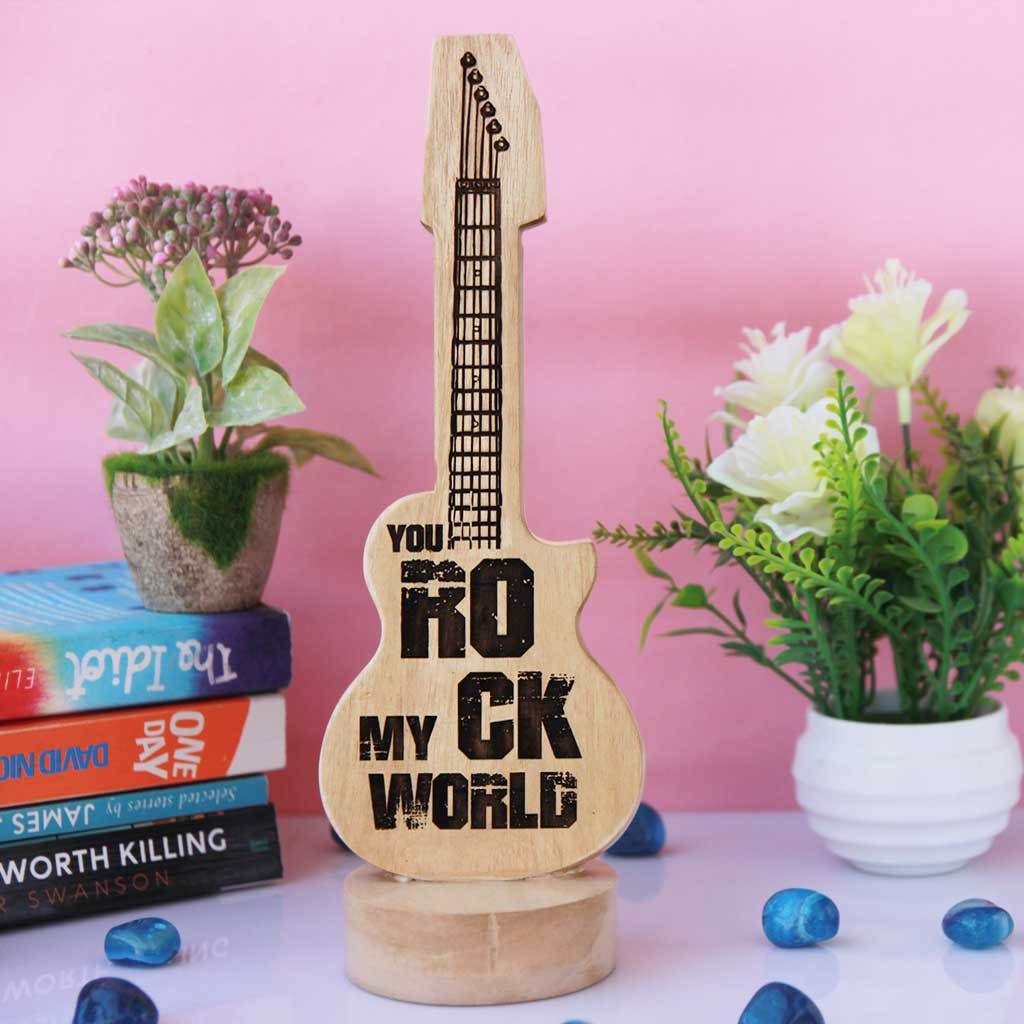 You Rock My World Wooden Guitar Shaped Award &amp; Trophy.  These Custom Trophies make Unusual Gift Ideas . These Personalised Music Awards are the Best Gifts For Music Lovers and for loved ones.