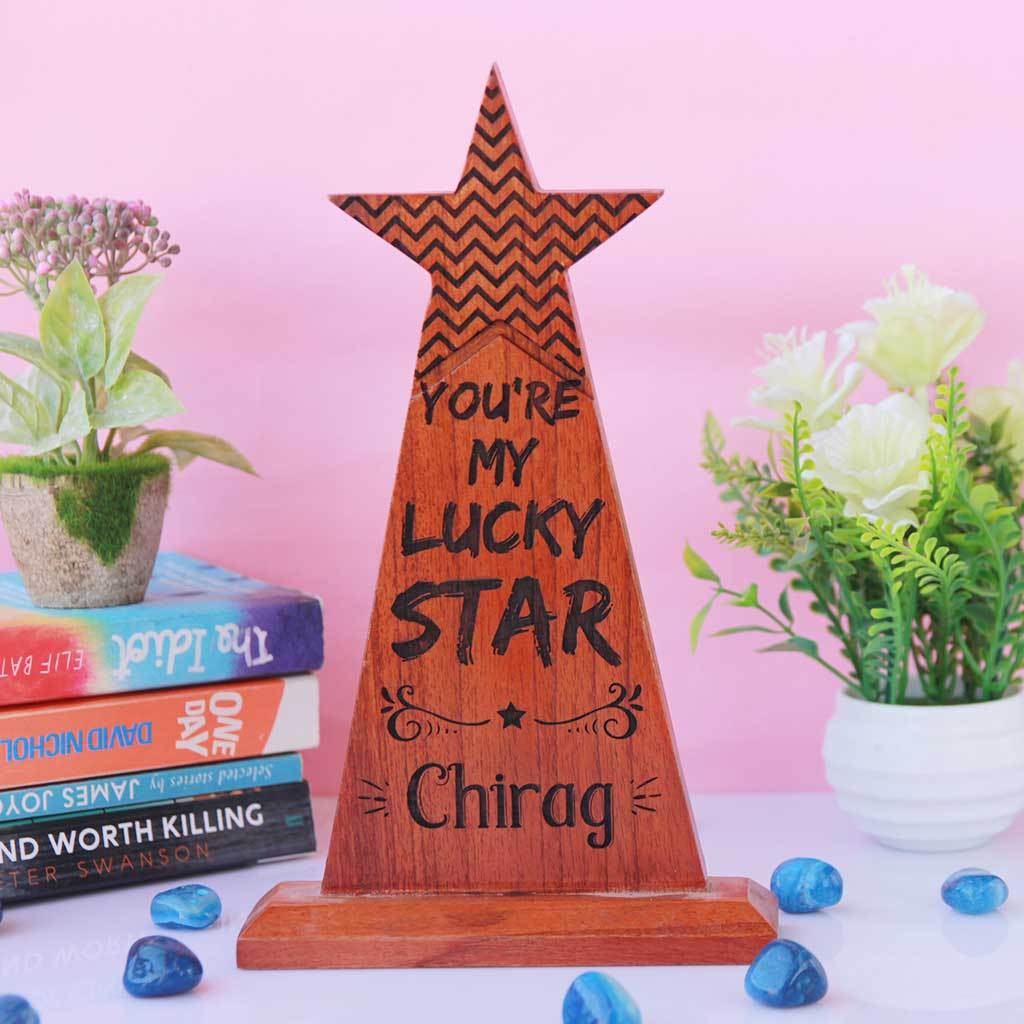 You&#39;re My Lucky Star Award Trophy. These custom trophies is the best gift for boyfriend, girlfriend, wife or husband. This Wooden Star Trophy can be personalized with a name. 