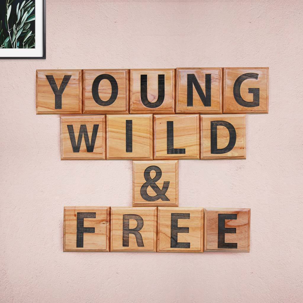 Young, Wild And Free Wooden Crossword Art Decorative Letter Tiles