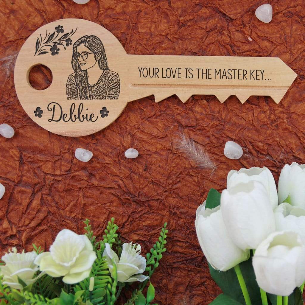 Your love is the master key that opens the gates to my happiness. A key-shaped wooden sign with front and back engraving. These wooden signs make unique gifts for boyfriend, romantic gifts for girlfriend, best gift for wife, birthday gifts for husband, anniversary gifts or Valentine's Day gifts. These personalised wooden plaques can be customized with wood engraved photo and name.