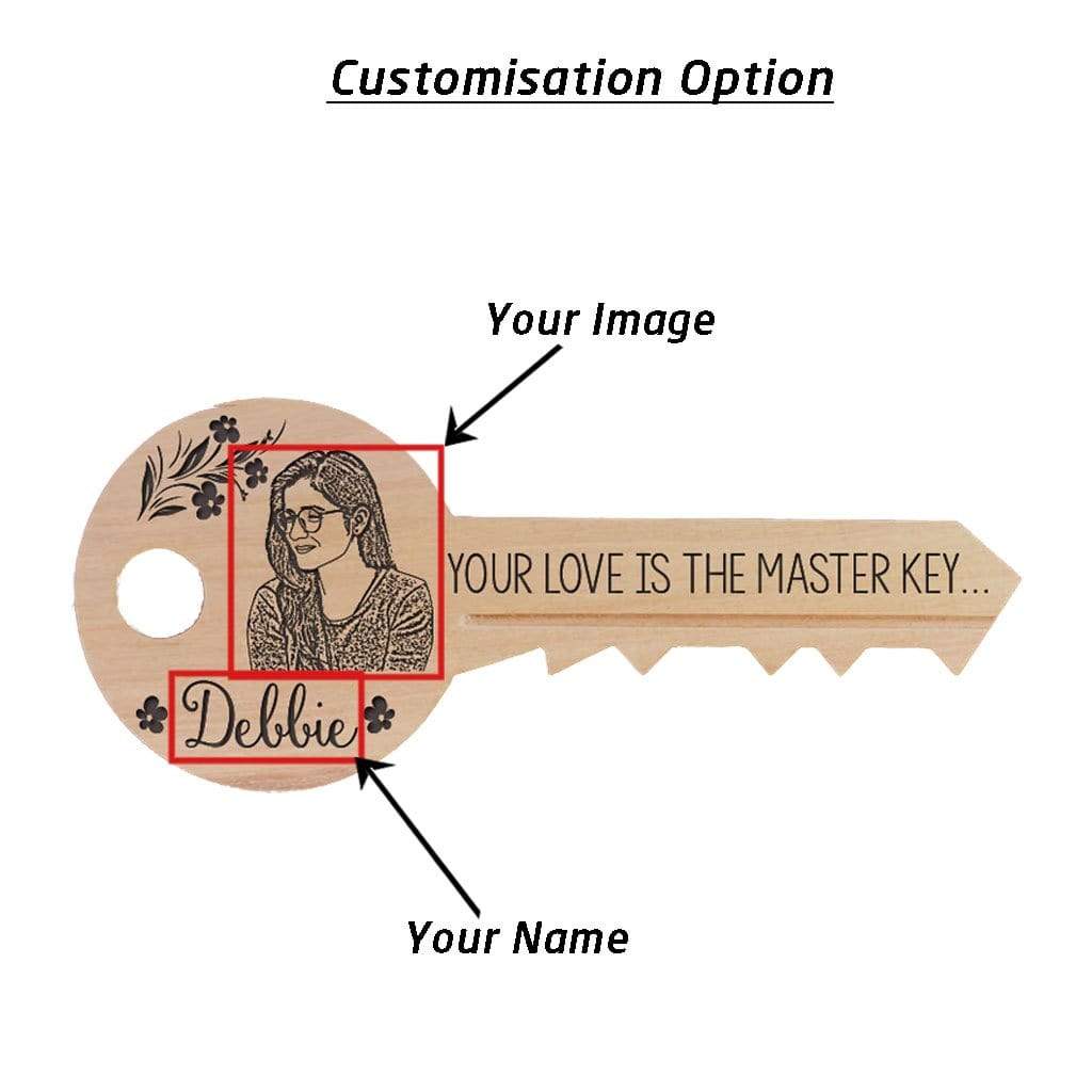 Custom Wood Signs In The Shape Of A Key With Front and Back Engraving. Personalised Wooden Plaques With Photo &amp; Name.
