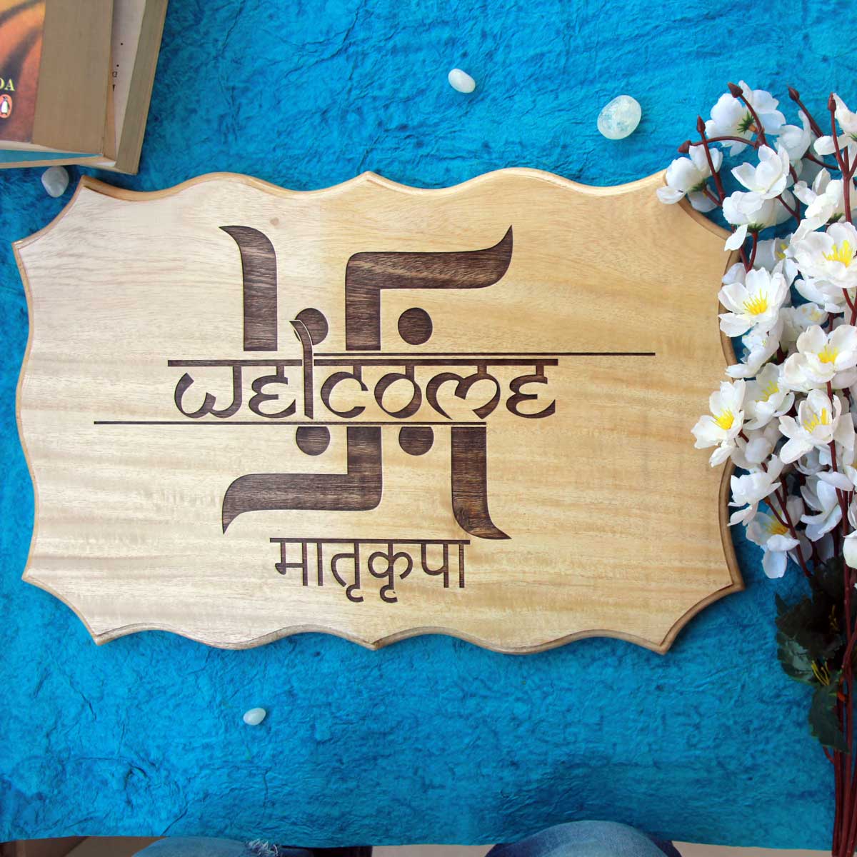 Auspicious Welcome Hindu Engraved Wood Sign For Home