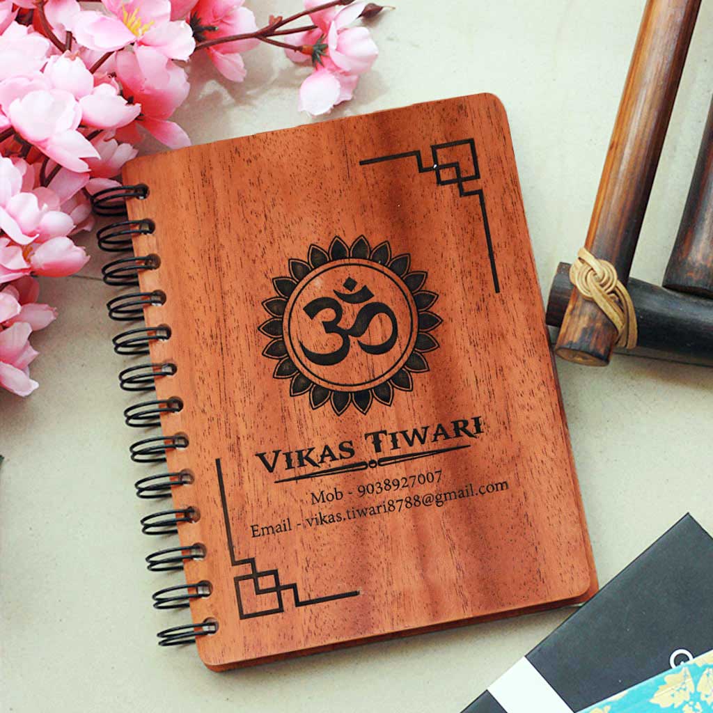 Auspicious Om Name Engraved Spiritual Personalized Wooden Journal