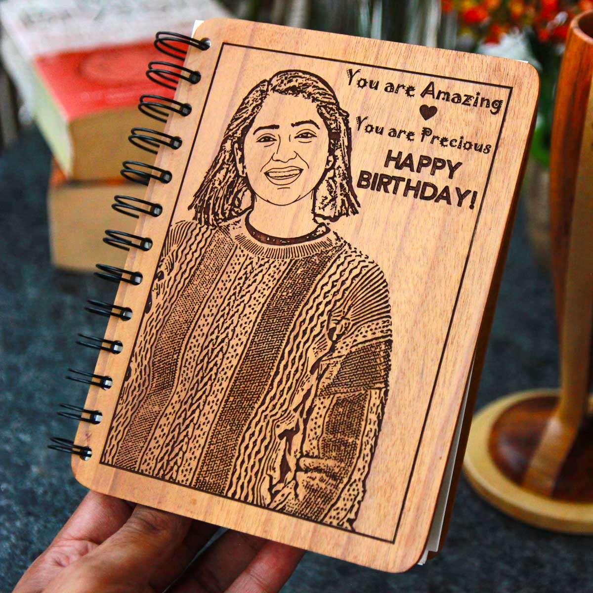 Birthday Wishes For Friend Engraved On Wooden Notebook With Photo