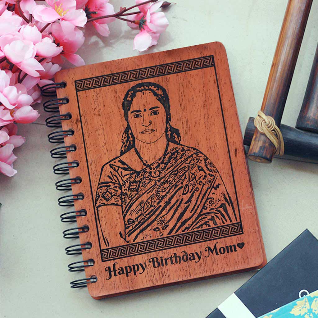 Happy Birthday Mom Wooden Notebook With Photo & Birthday Wishes In Any Language