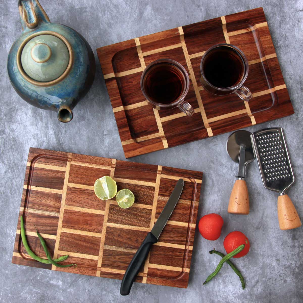 Brick Design Wood Tray &amp; Chopping Board: Set of 2 | Anniversary Gift Set