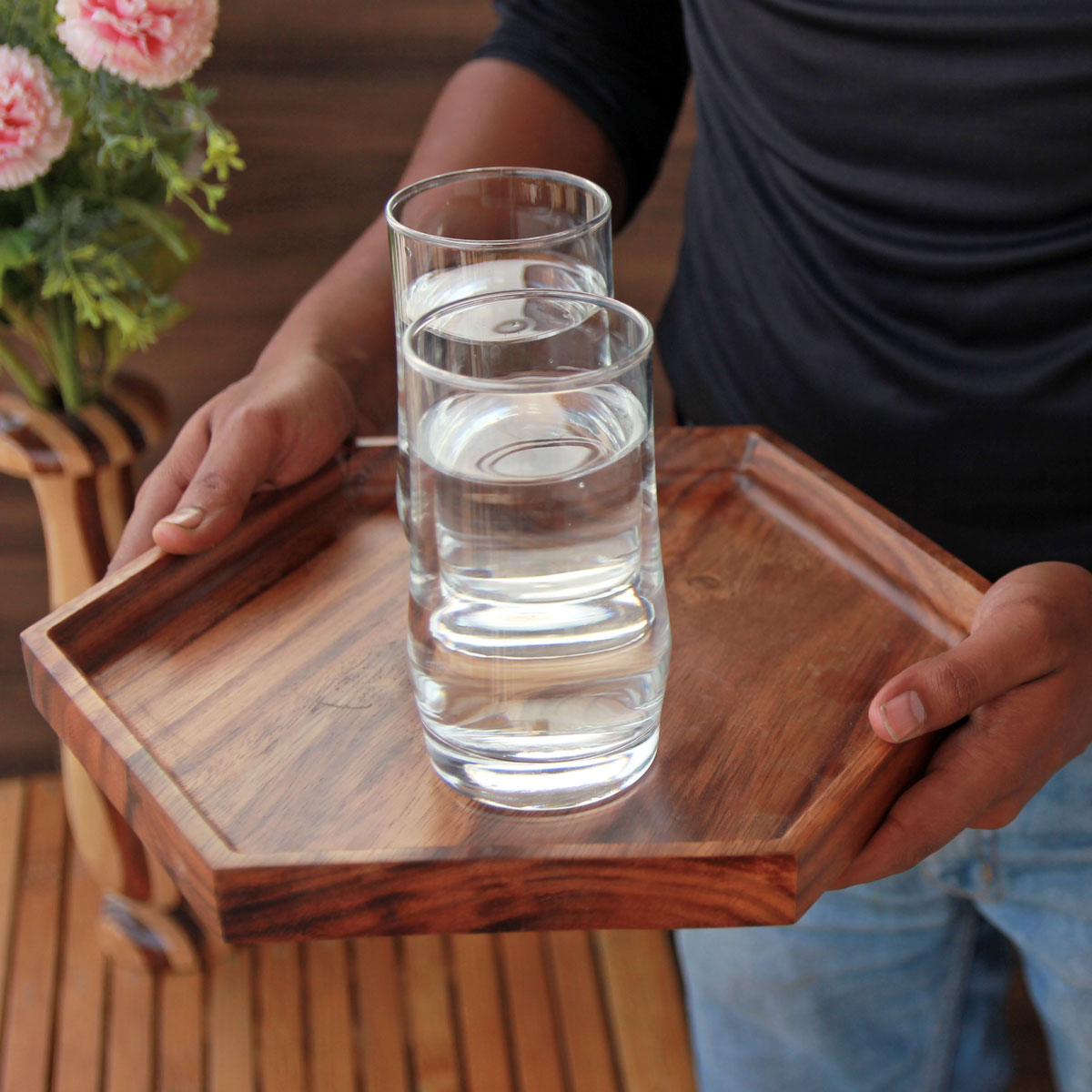 Hexagonal Wooden Serving Tray | Minimalist Wood Decorative Tray