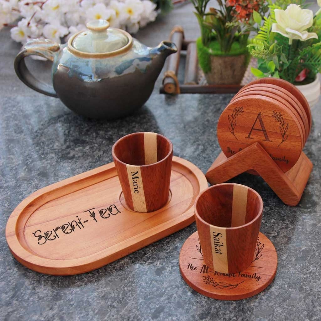 Tea Gift Set - Wooden Tea Cups, Tea Tray and Coaster set